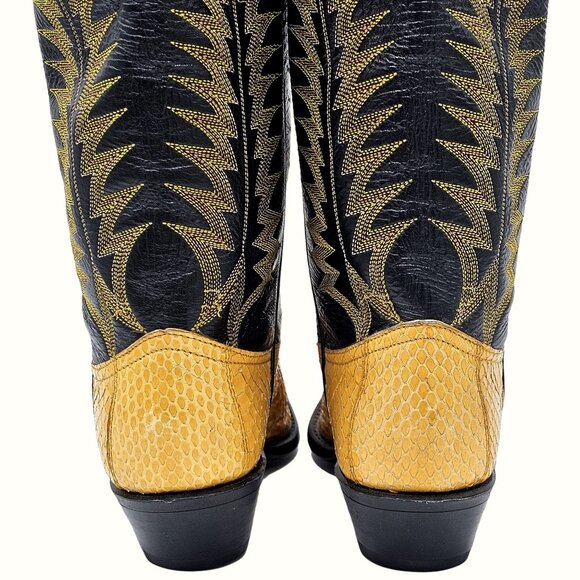 Vintage Tony Lama Exotic Yellow Black Python Snake Cowboy Boots Womens 5 Western - Picture 12 of 15